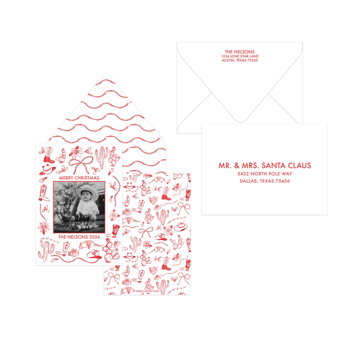 A personalized Christmas invitation suite featuring a main card with red hand-drawn holiday illustrations and a photo frame, an open matching envelope with red wavy line art, and a second white envelope with red printed text.