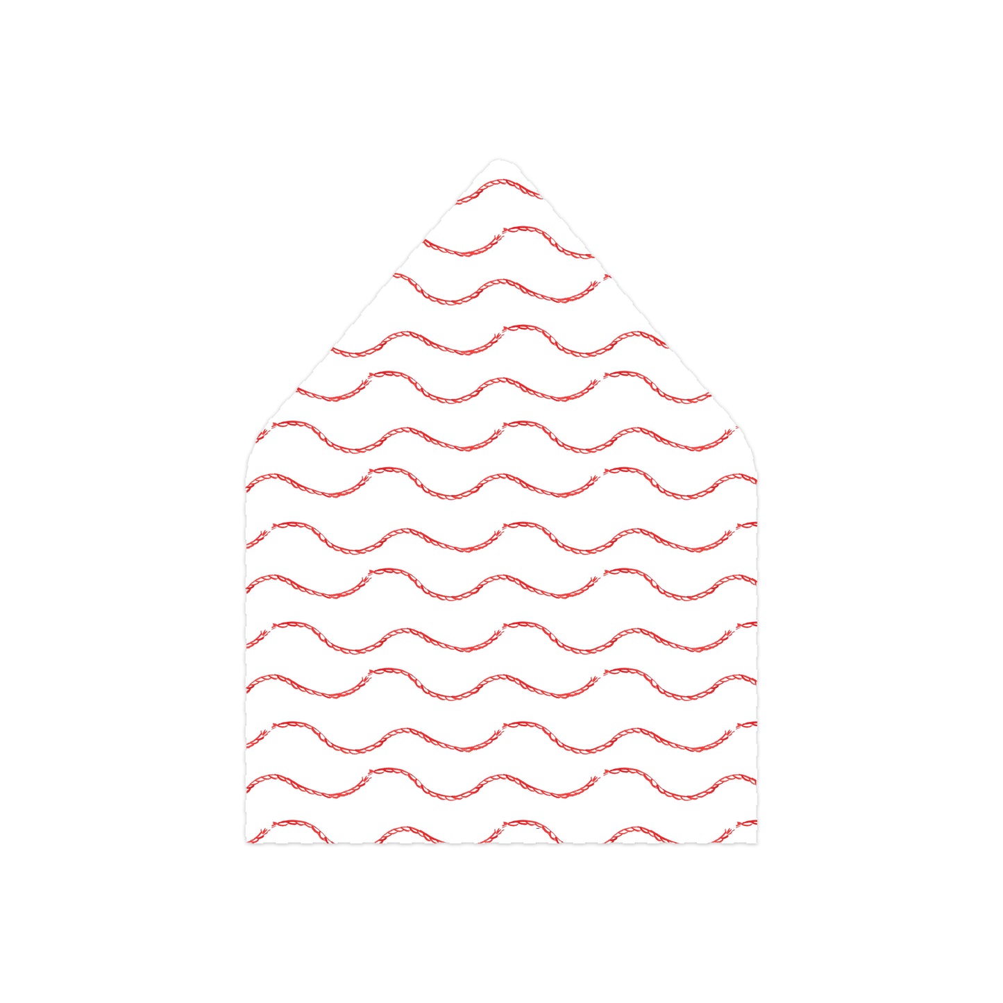 A white envelope or card with a pointed top, decorated with a repeating pattern of red wavy lines, shown on a plain white background.