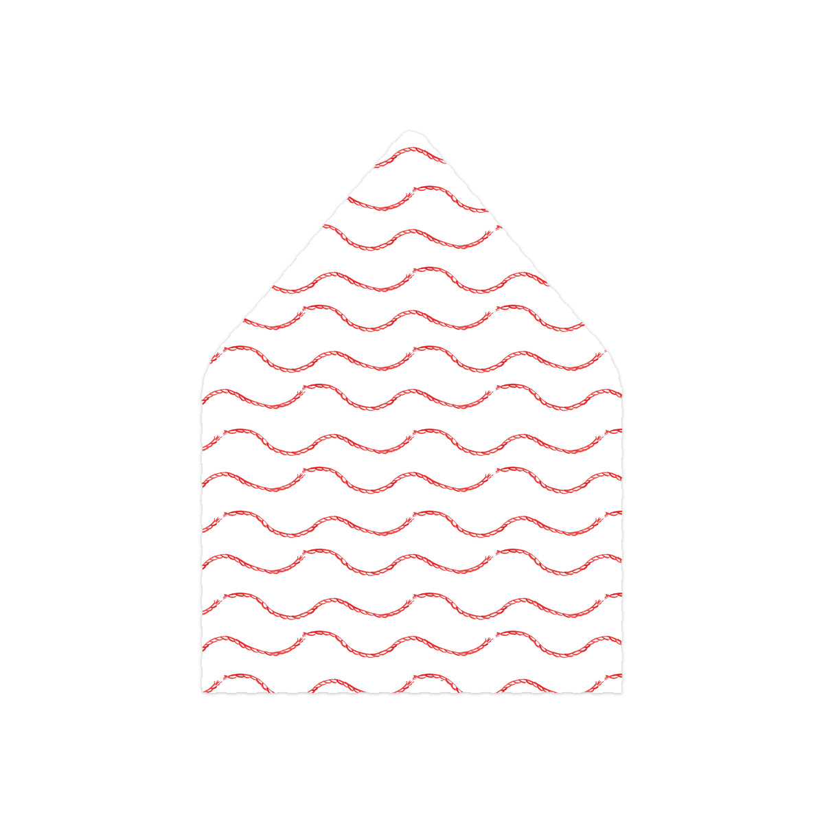 A white envelope or card with a pointed top, decorated with a repeating pattern of red wavy lines, shown on a plain white background.