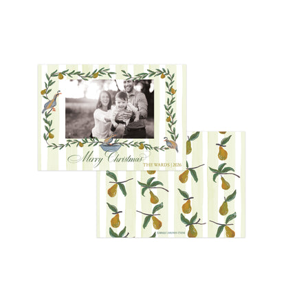 Two Christmas greeting cards with a striped cream and pale green background, decorated with green leaves, yellow pears, and small birds. 