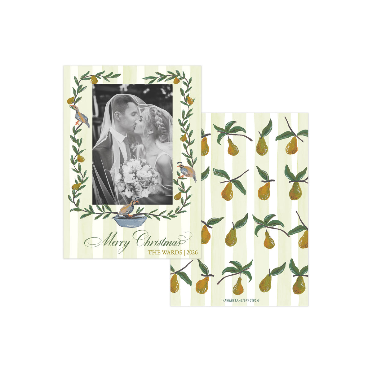 Two personalized Christmas photo cards with a vintage pear and wreath design on a white background.