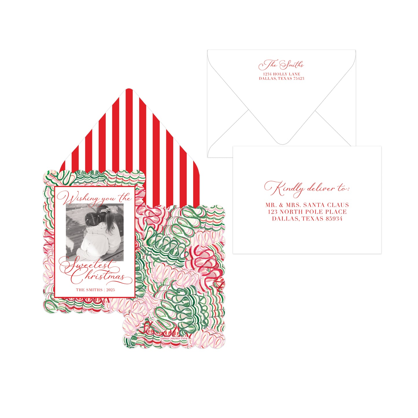 A holiday stationery set on a white background, including a striped envelope, a white insert card, and a Christmas-themed invitation card with a photo frame and red script text. The invitation features a wavy border in red, green, and white.