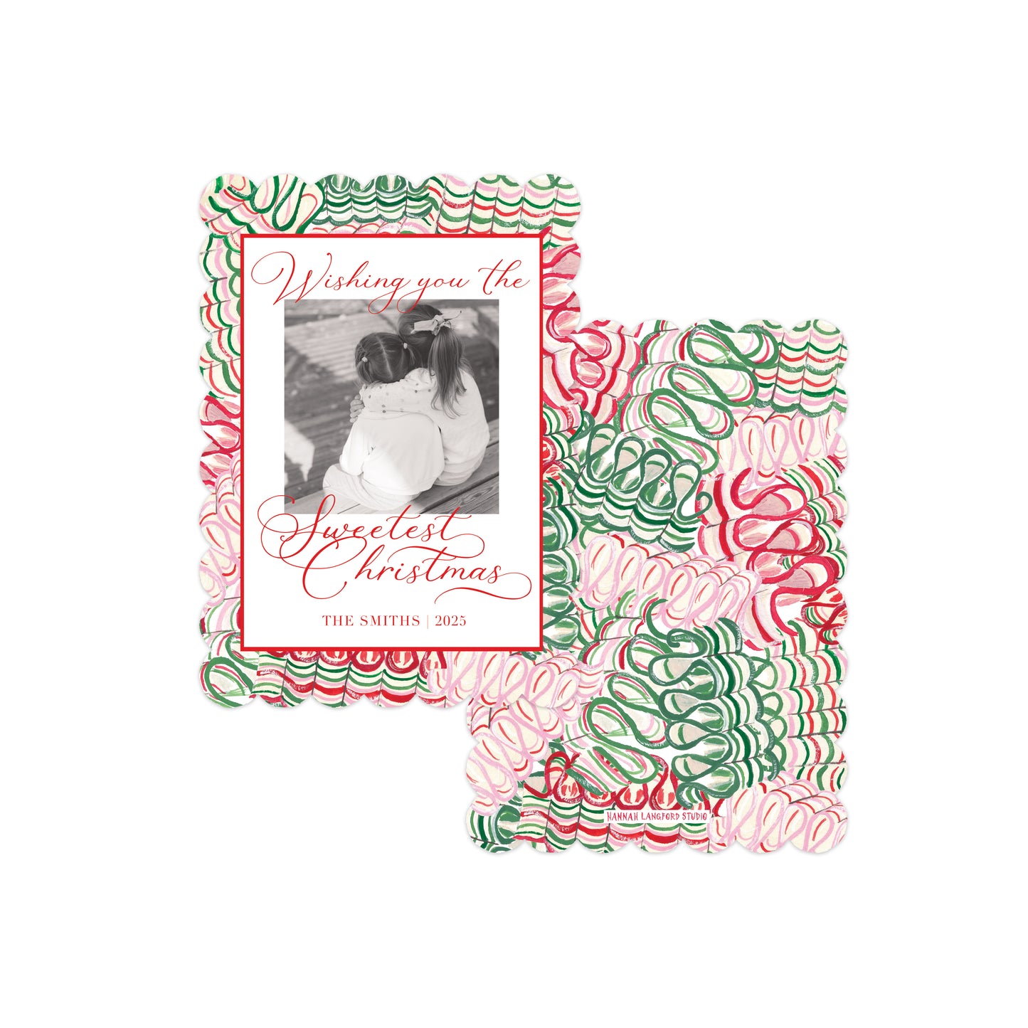 Two personalized Christmas holiday cards with a festive red, green, and pink patterned border, displayed on a clean white background.