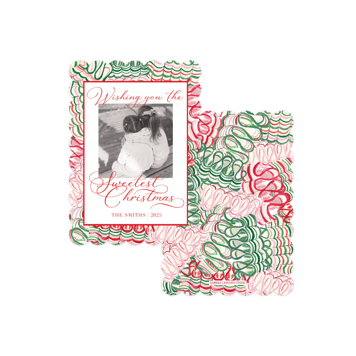 Two personalized Christmas holiday cards with a festive red, green, and pink patterned border, displayed on a clean white background.