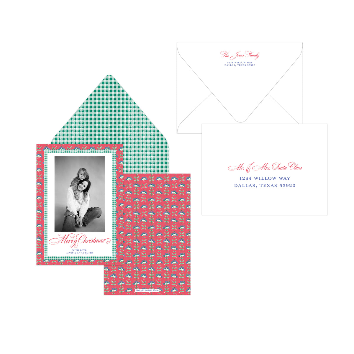 A coordinated stationery set on a white background, including a white envelope with red script text, a white address card with red and blue text, and two patterned inserts: one teal-and-white gingham triangle and one coral-red insert with a repeating gingham border and small pink motifs.