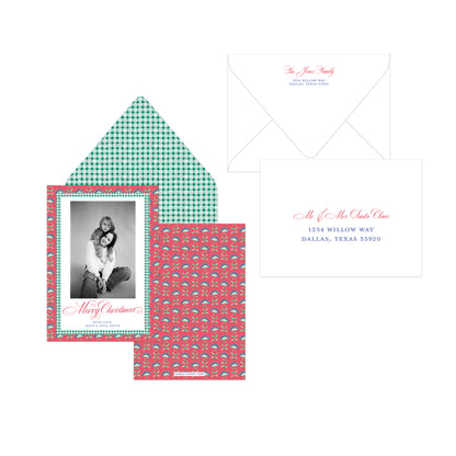 A coordinated stationery set on a white background, including a white envelope with red script text, a white address card with red and blue text, and two patterned inserts: one teal-and-white gingham triangle and one coral-red insert with a repeating gingham border and small pink motifs.
