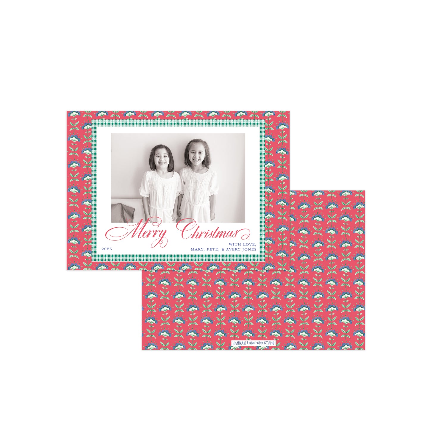 A Christmas photo card set with a coral red patterned border, teal and white geometric trim, and a central black-and-white photo frame. One card shows a family portrait with the text 'Merry Christmas' in red script, and the back of another card is shown below with the repeating holiday pattern.