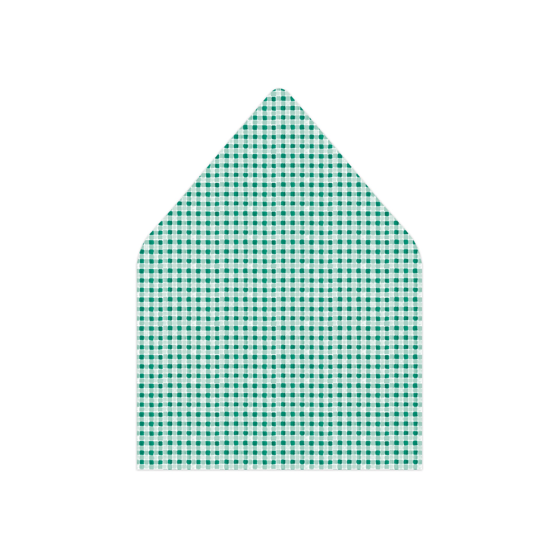 A green and white gingham patterned envelope flap with a pointed top, shown on a plain white background.