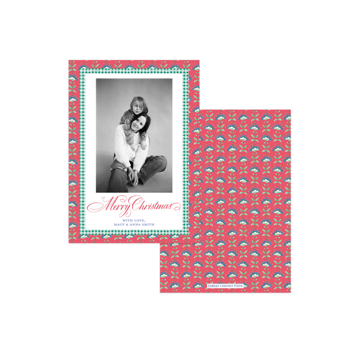 Two Christmas photo cards with a red background, teal and white gingham border, and a repeating flower pattern, shown on a white background.