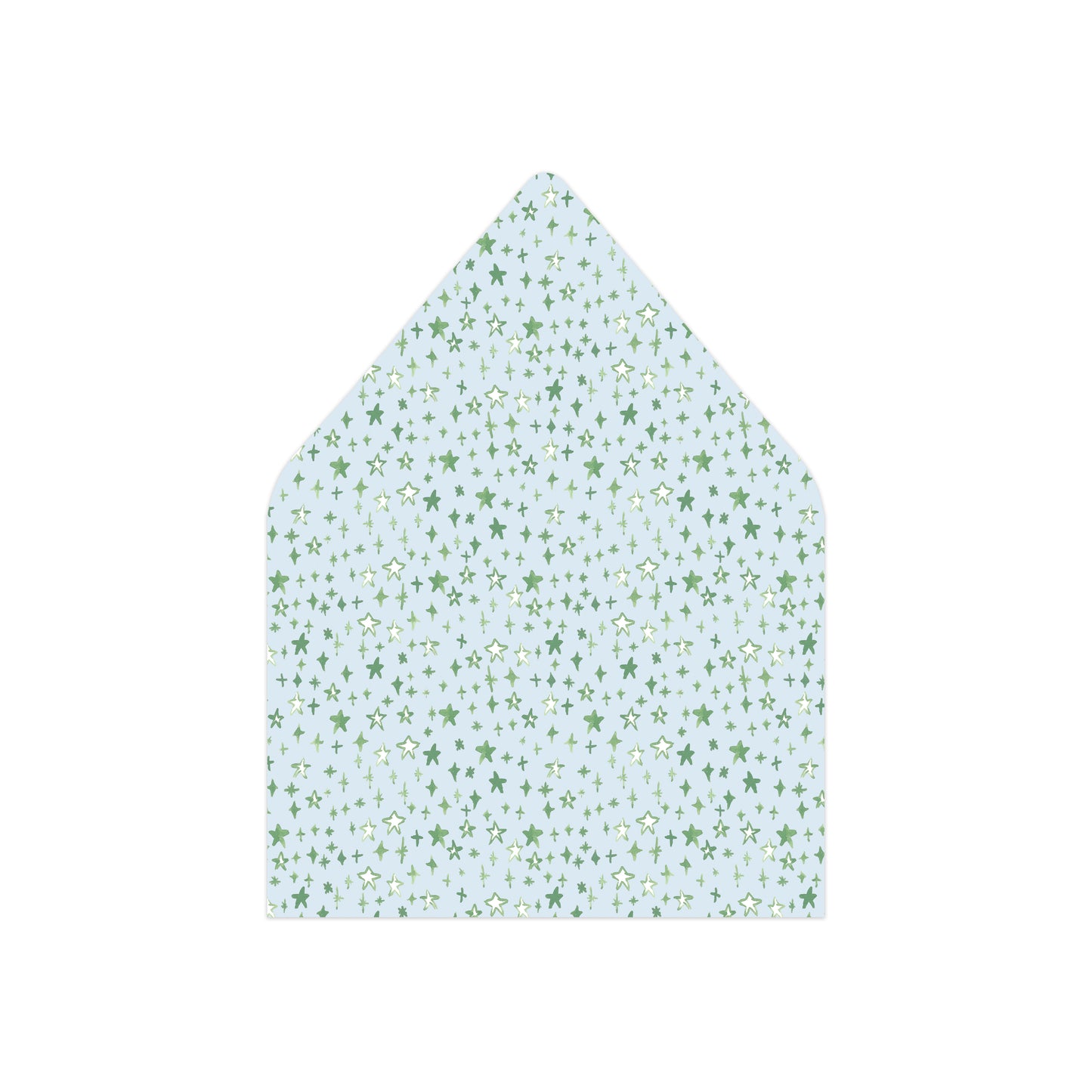 A pointed envelope flap or paper envelope with a light blue background and a repeating pattern of small green star motifs, shown on a plain white background.