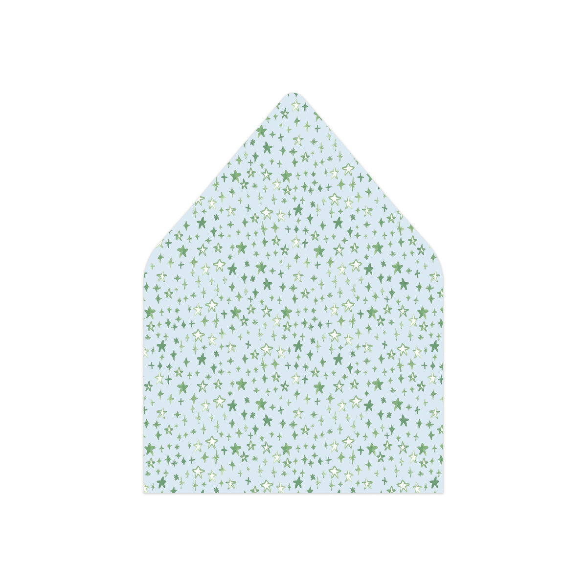 A pointed envelope flap or paper envelope with a light blue background and a repeating pattern of small green star motifs, shown on a plain white background.