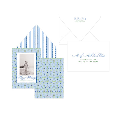 A holiday stationery set displayed on a white background, including a patterned greeting card, matching envelope liner, white envelope, and a white address card with blue script text.