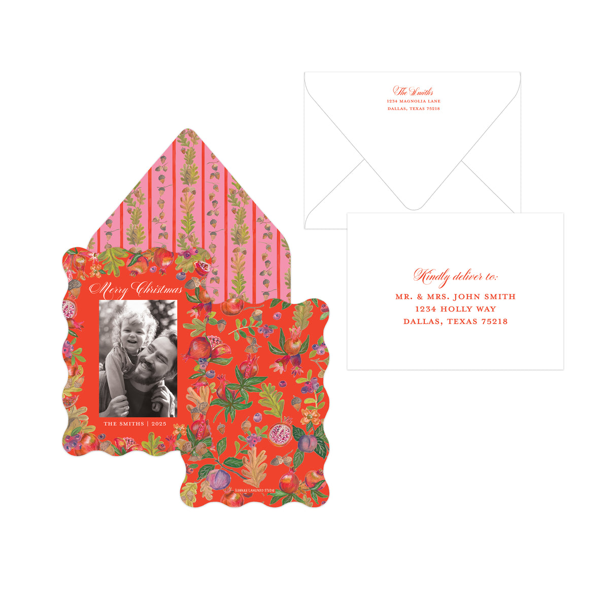 Christmas-themed invitation suite featuring a scalloped red holiday photo card, a pink striped envelope liner, and a white address card with red script text, shown on a plain white background.
