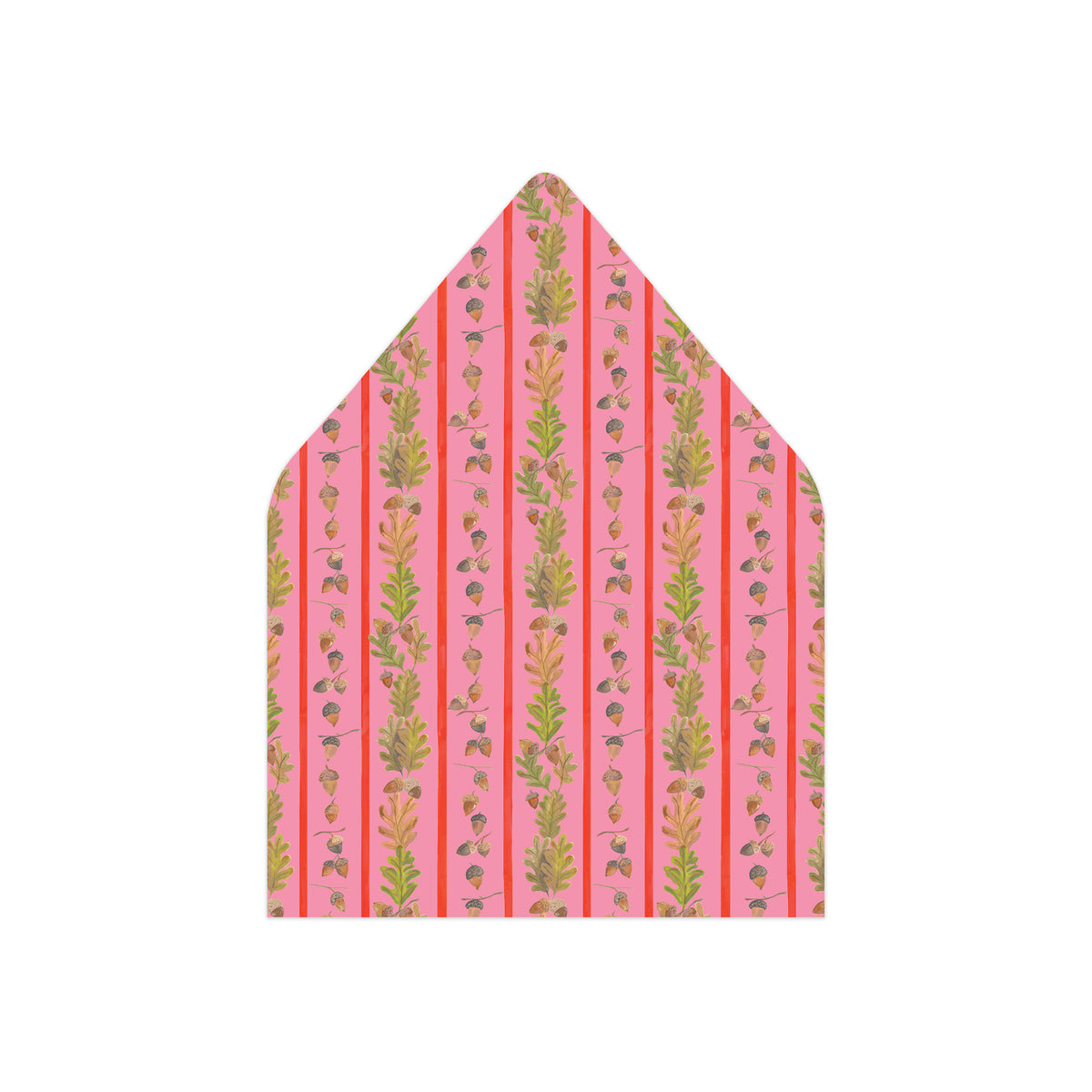A pointed envelope flap or paper envelope with a pink background and vertical stripes featuring green botanical illustrations, shown on a plain white background.