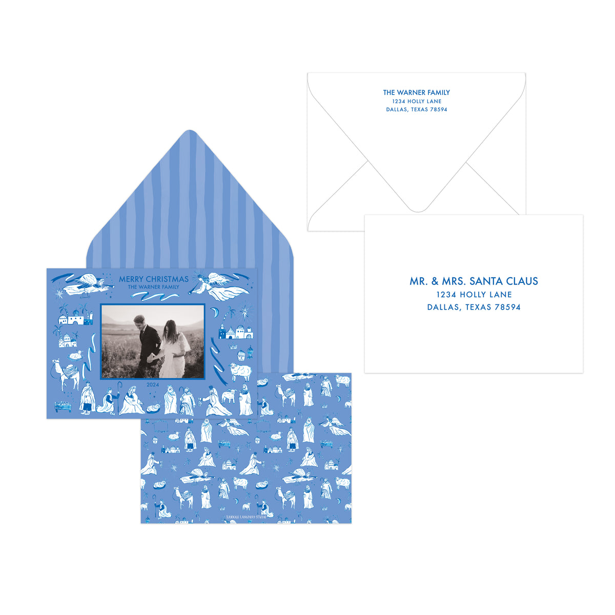 Blue and white personalized Christmas invitation suite featuring a striped envelope, patterned card with a photo insert, and a matching address card on a white background.