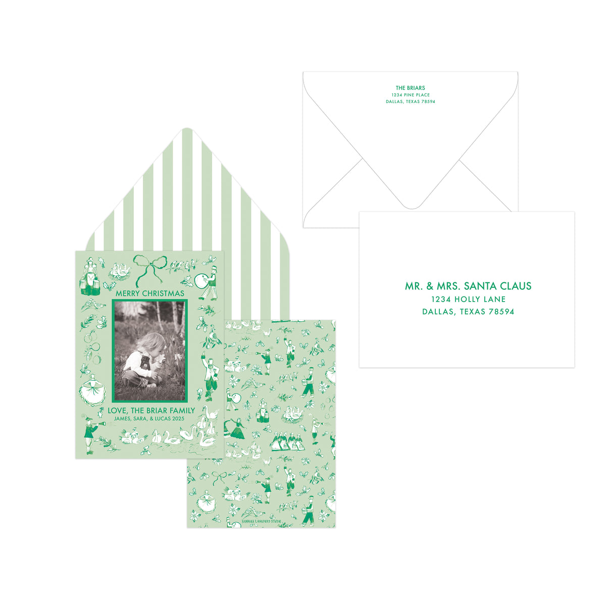 A personalized Christmas card set featuring a light green and white striped envelope, a matching patterned card with a photo placeholder, and a white address card with green text, all arranged on a plain white background.