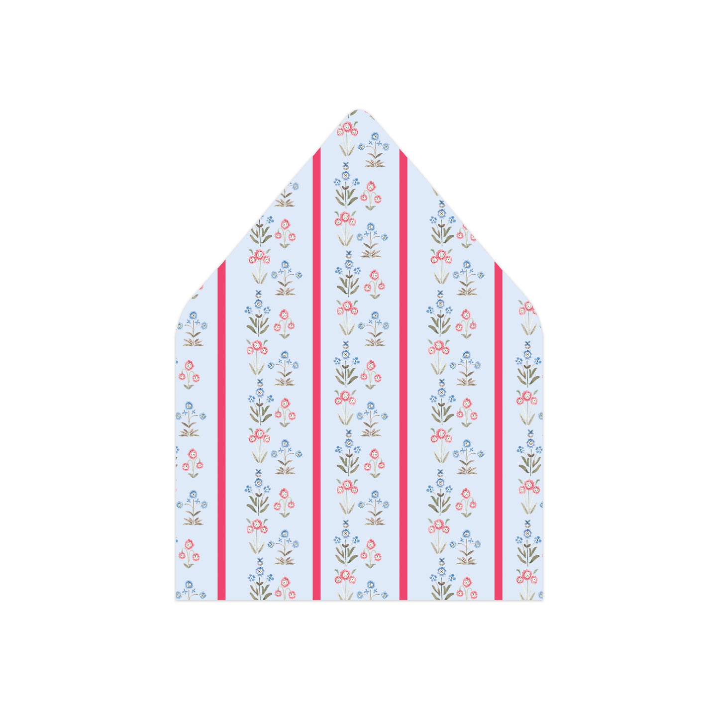 A pointed envelope flap or paper liner with a vertical striped pattern featuring small floral motifs in blue, pink, green, and brown on a white background, flanked by two bright pink stripes.