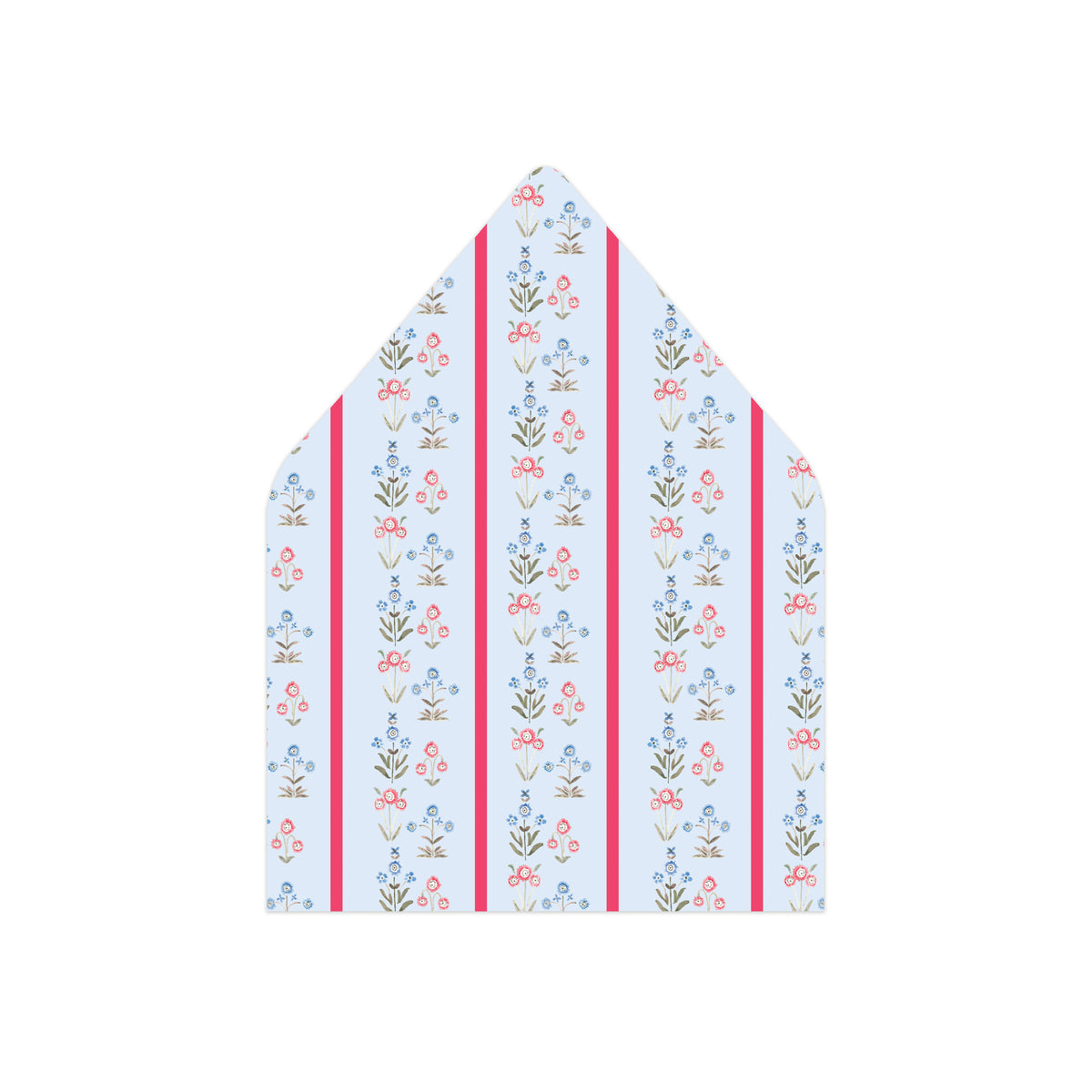 A pointed envelope flap or paper liner with a vertical striped pattern featuring small floral motifs in blue, pink, green, and brown on a white background, flanked by two bright pink stripes.