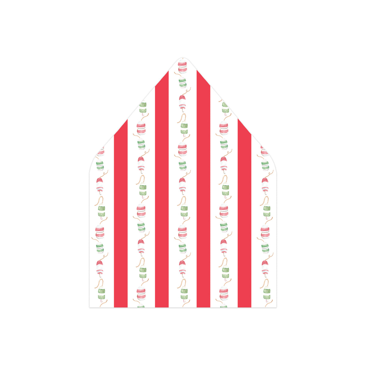 A white envelope liner or gift bag liner with a festive pattern of vertical red stripes and small green and red candy cane motifs.