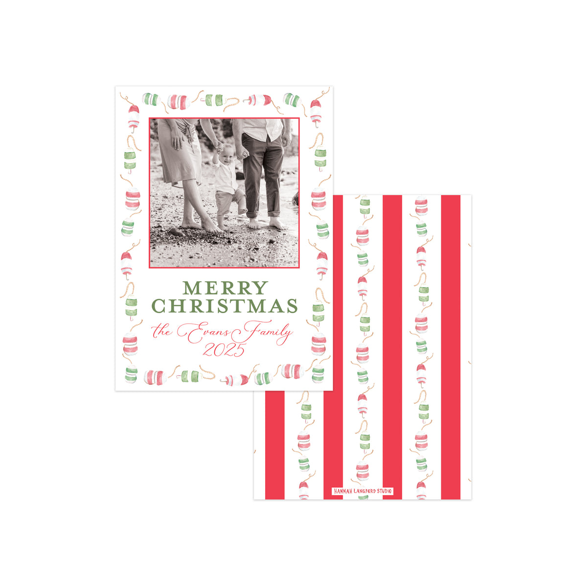 A holiday photo card and matching envelope set on a white background. The square card has a black-and-white family photo in the center, surrounded by a red border and small red and green candy cane motifs, with the text 'MERRY CHRISTMAS' and 'the Evans Family 2025' in green and pink.
