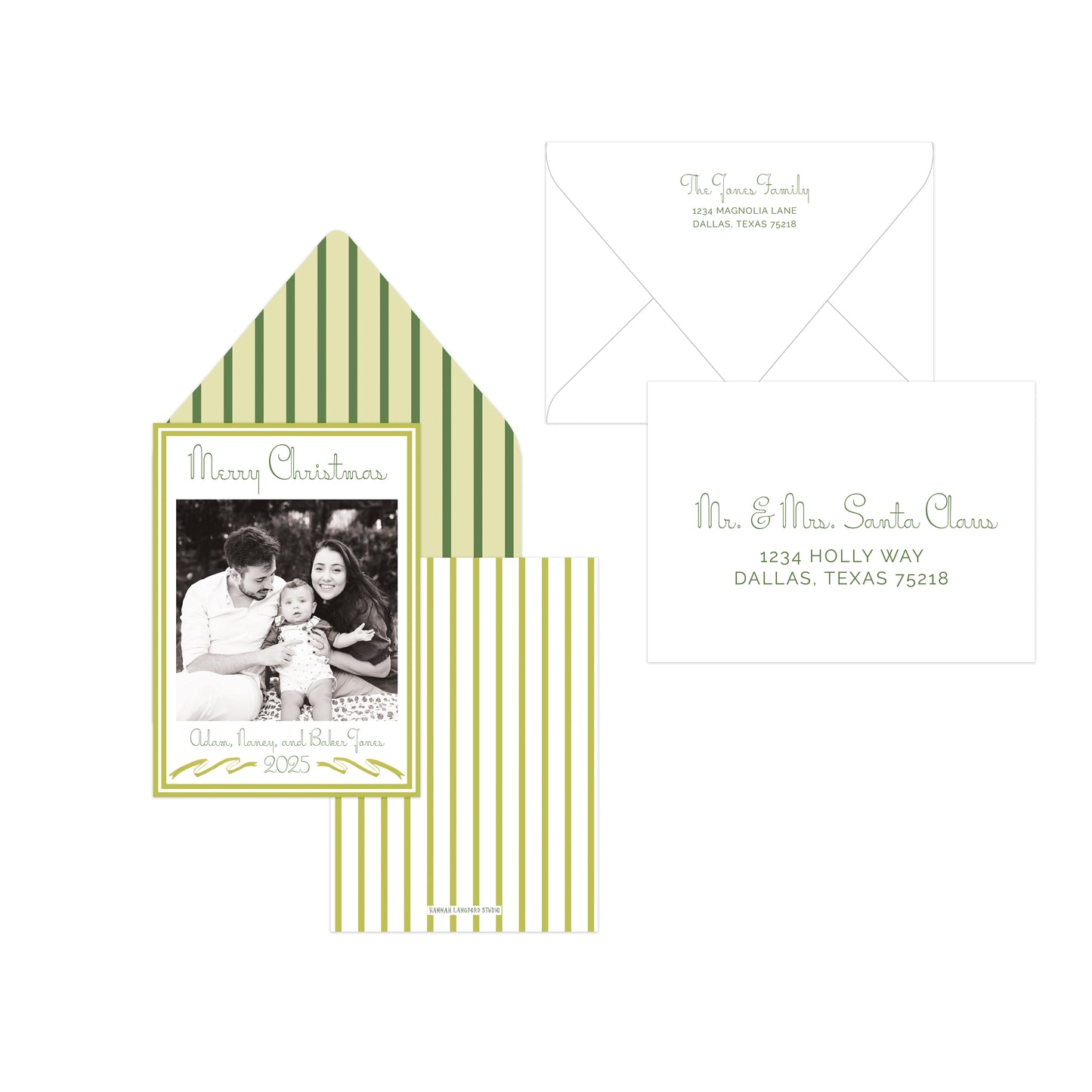A holiday photo card set with olive green and cream vertical stripes, featuring a main card with a family photo, a striped envelope, and a separate white address card on a plain white background.