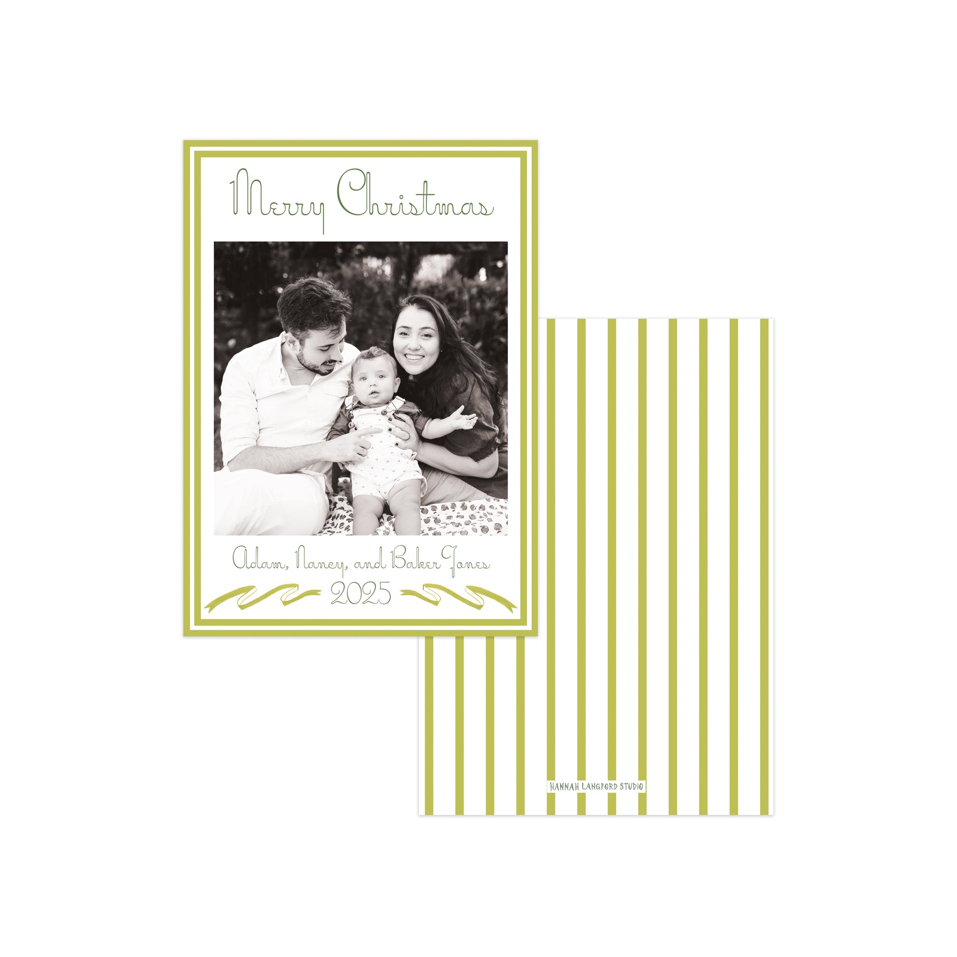 A holiday photo card set on a white background, featuring a front card with a black-and-white family photo, green text reading 'Merry Christmas' and personalized names/years, and a matching back with vertical olive green and white stripes.