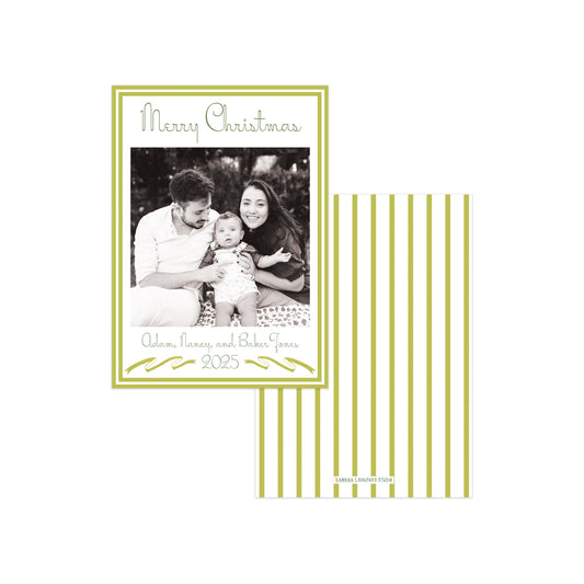 A holiday photo card set on a white background, featuring a front card with a black-and-white family photo, green text reading 'Merry Christmas' and personalized names/years, and a matching back with vertical olive green and white stripes.