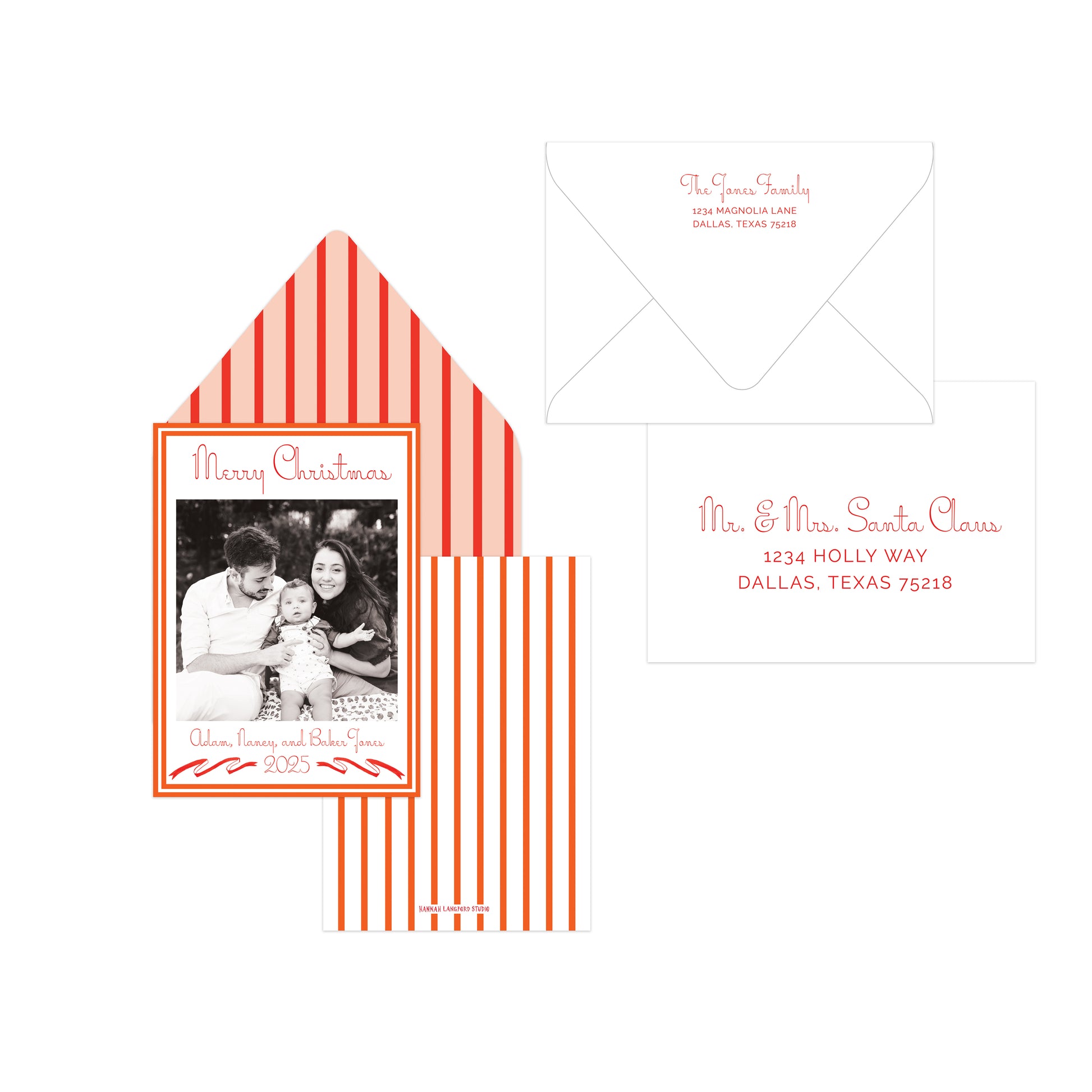 A holiday stationery set on a white background, including a photo card with a red-and-white striped envelope, a white envelope, and a white address label with red script text.