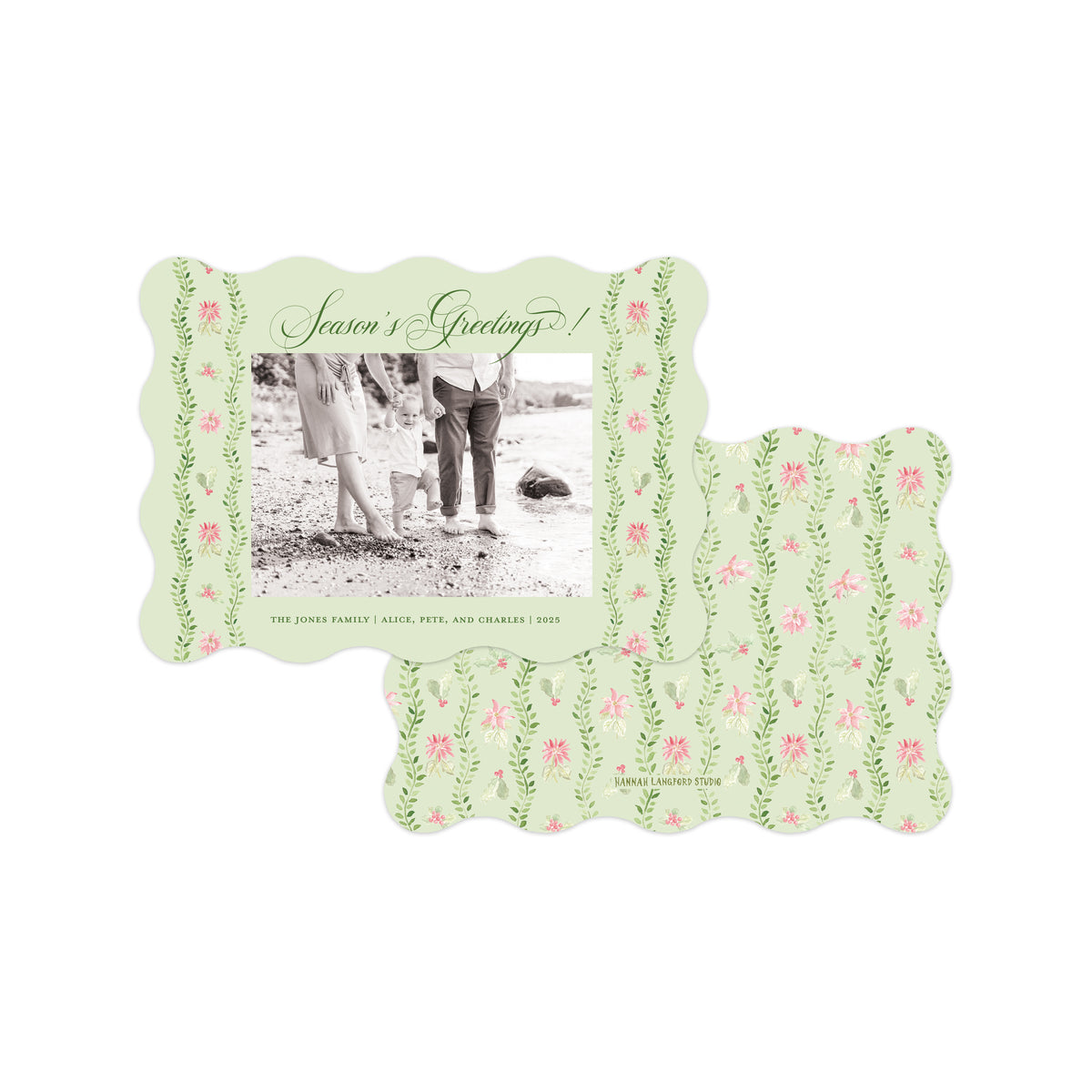 Two personalized photo cards with scalloped edges, featuring a light green background decorated with pink flowers and green leaves. 