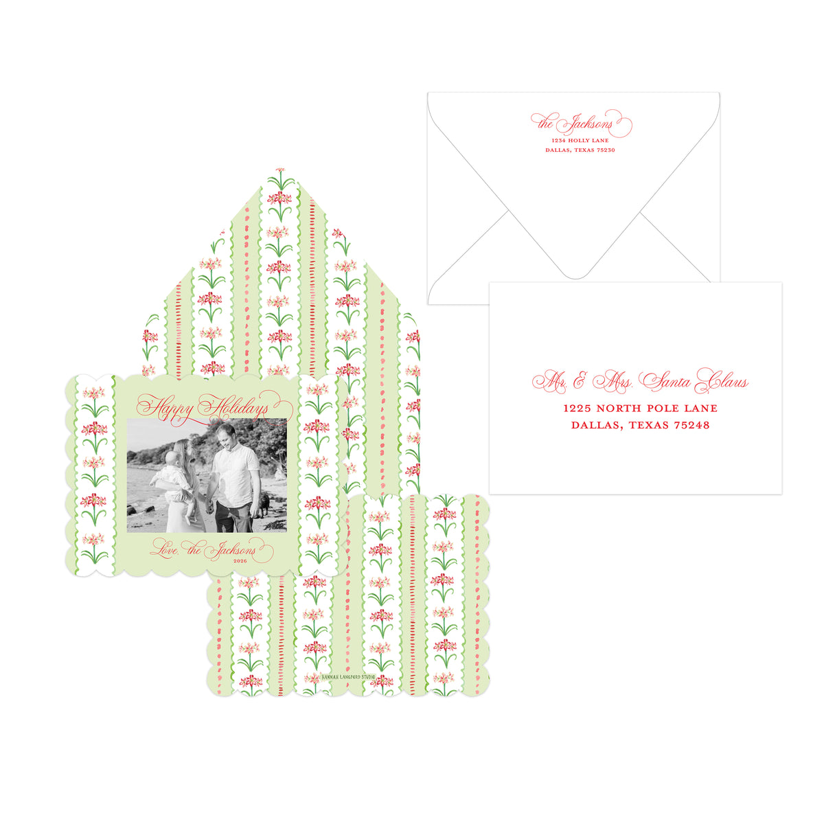 A holiday stationery set with green and red floral illustrations