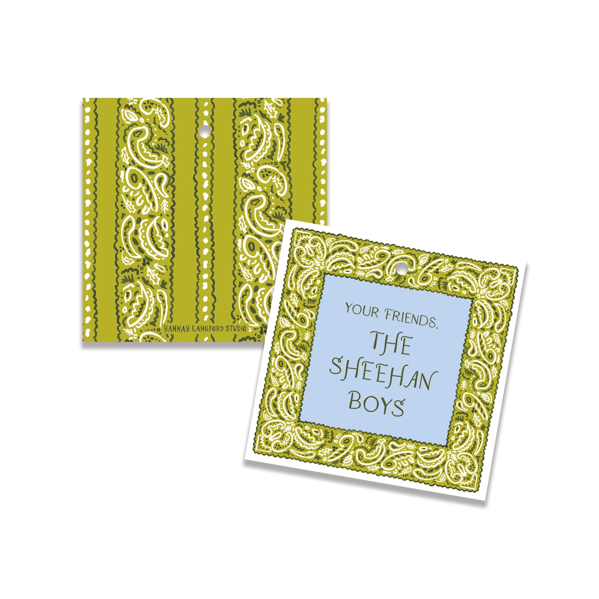 Green personalized gift tags with western-inspired paisley design