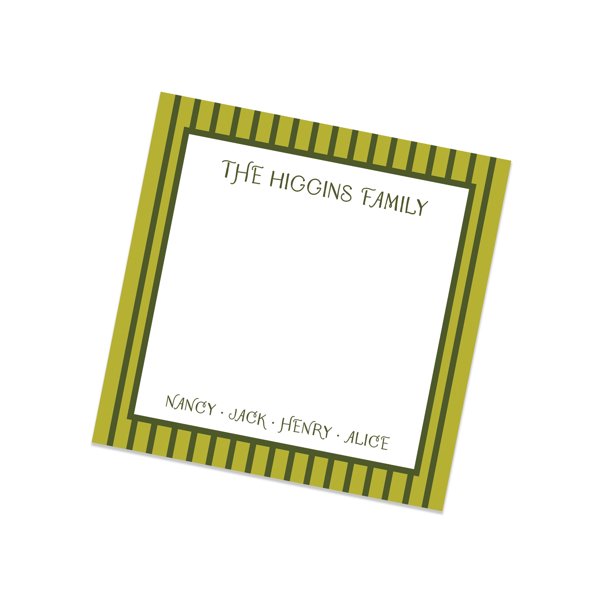 Personalized notepad with striped border and family name on a white background