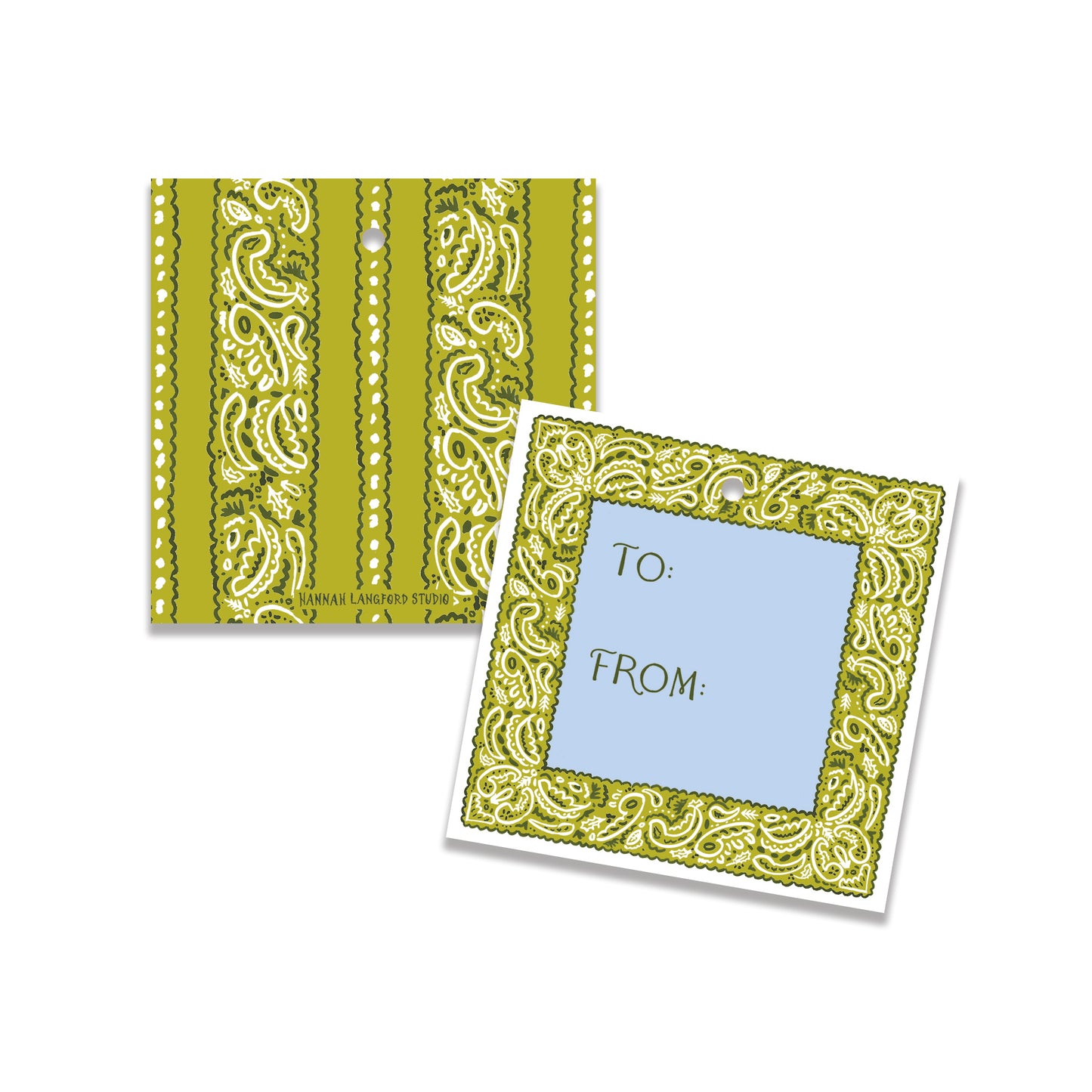 Green personalized gift tags with western-inspired paisley design