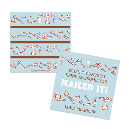 Two greeting cards with tool-themed illustrations and text on a white background