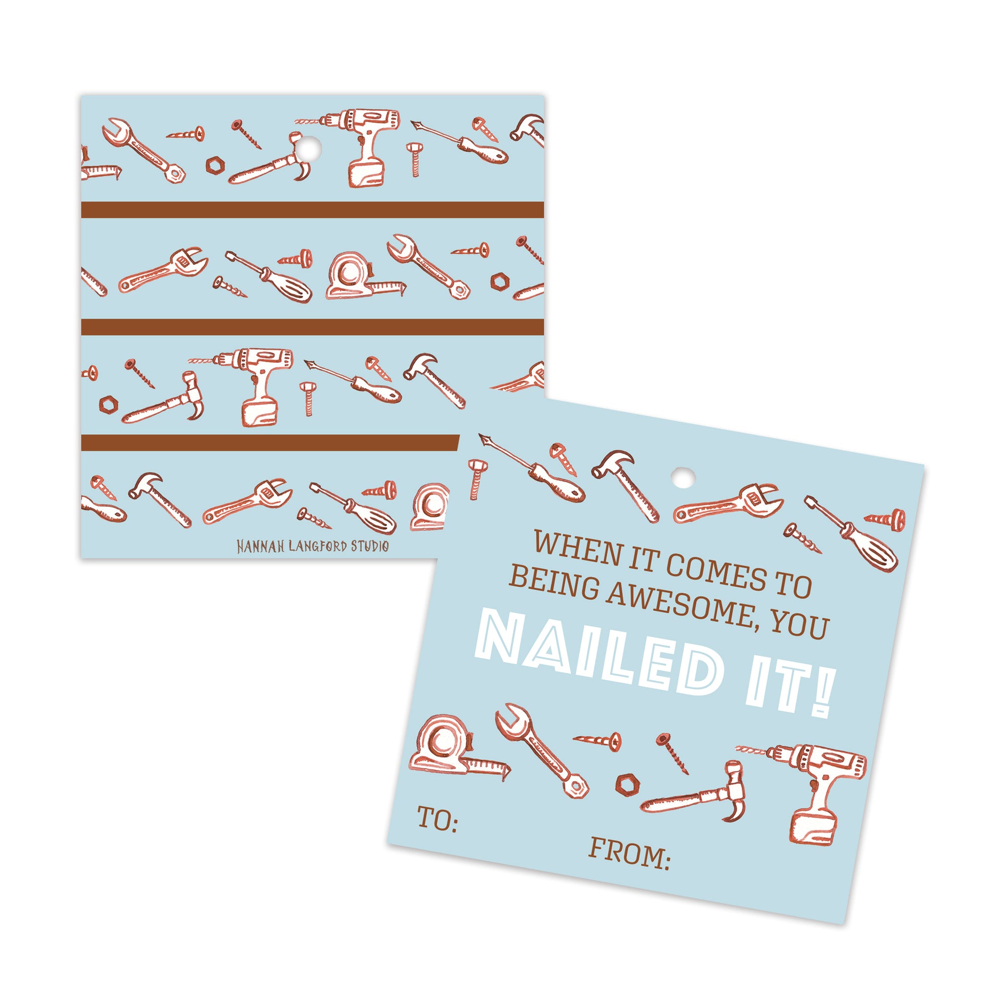 Two blue cards with illustrations of construction tools and text on a white background.