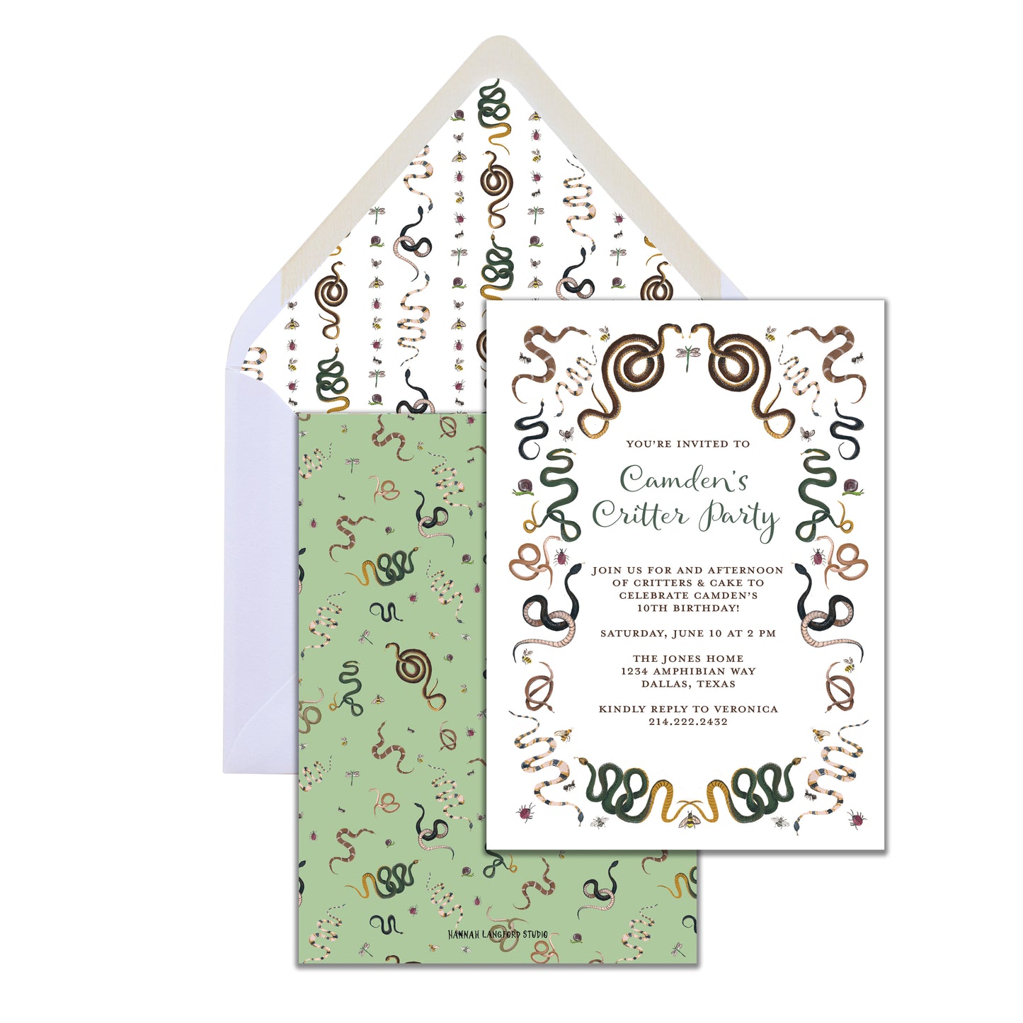 Invitation card with decorative snake pattern and matching envelope on a white background