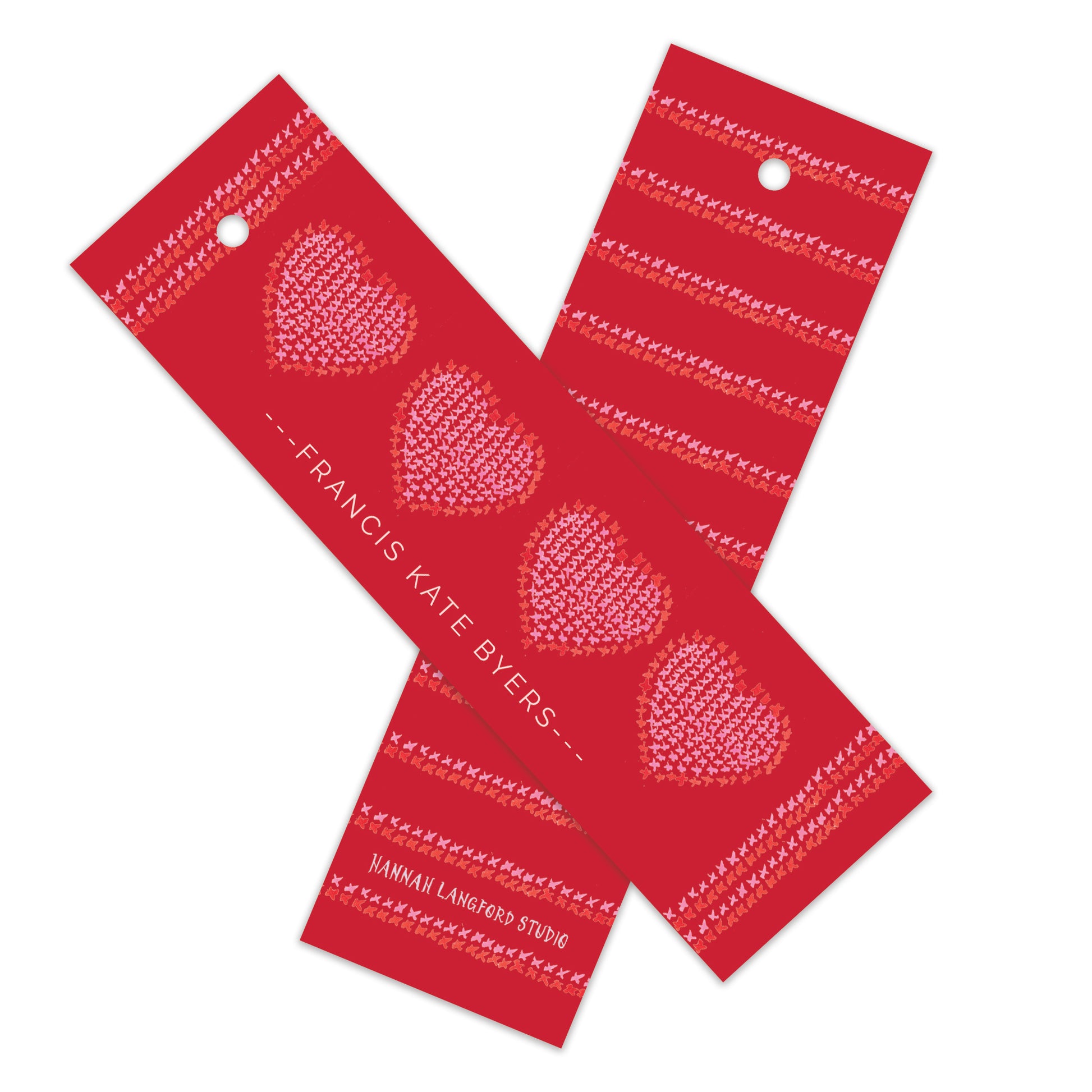 Gift tags with red and pink heart design.