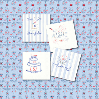 Four patriotic napkin designs on red, white, and blue patterned background