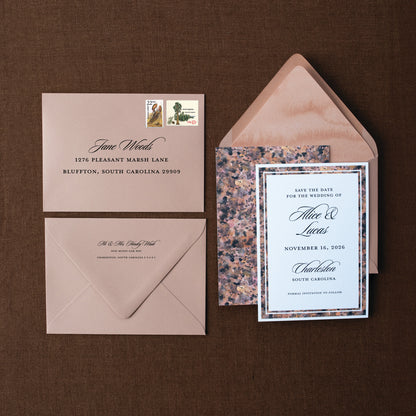 Wedding invitation set with envelopes on a brown background