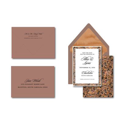Tortoise shell patterned invitation on a white background.