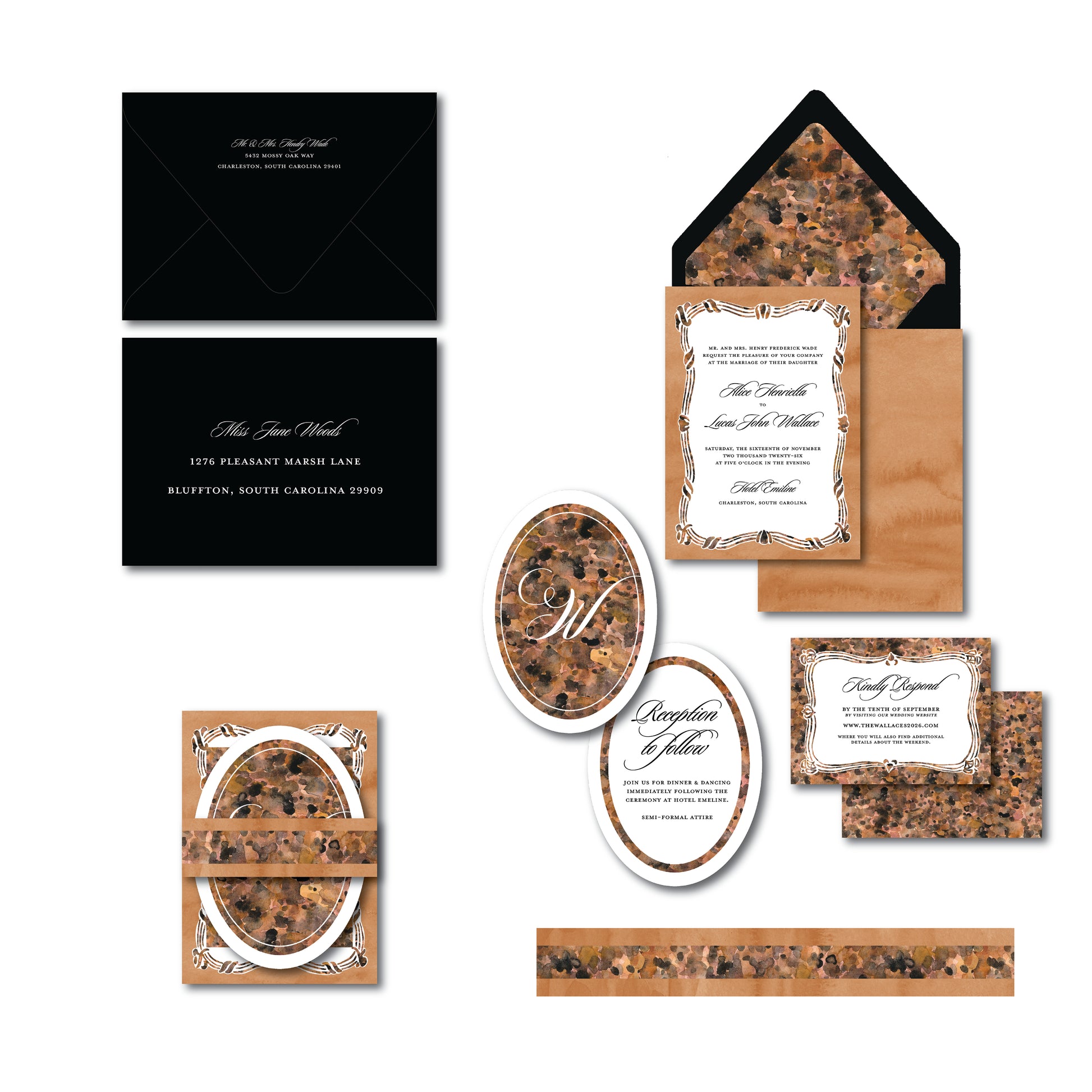 Black and brown wedding invitation with tortoise shell pattern on a white background.