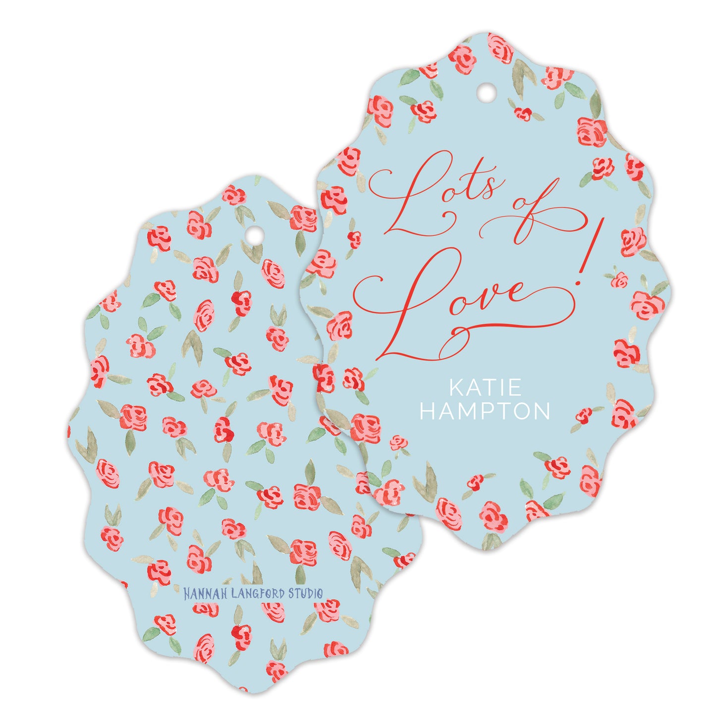 Two decorative gift tags with floral patterns and 'Lots of Love' text on a white background.