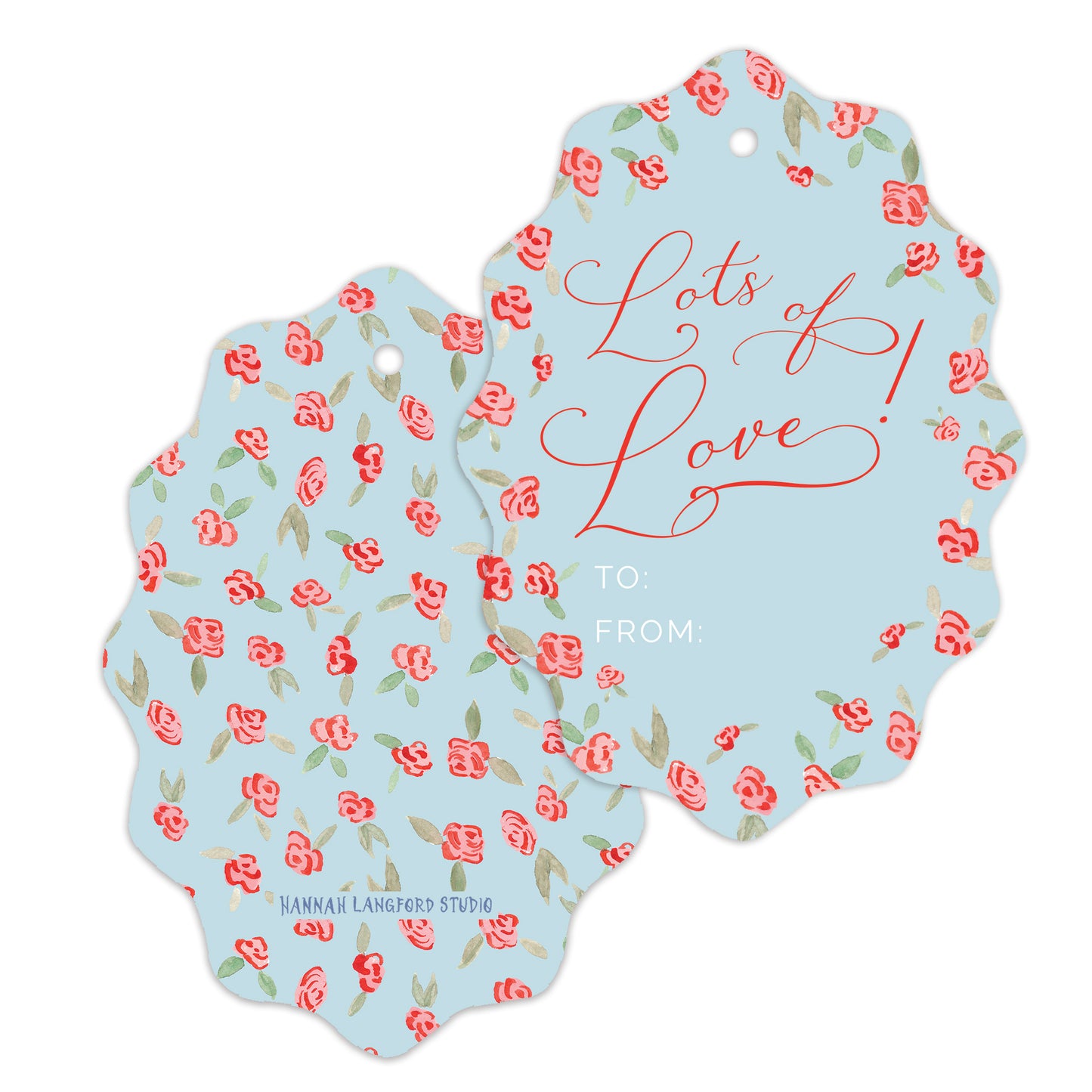 Floral gift tag with 'Lots of Love' text on a light blue background