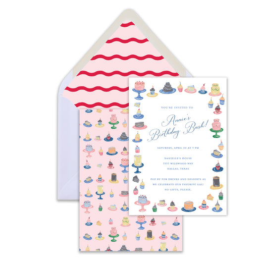 Birthday party invitation with cake illustrations and matching envelope