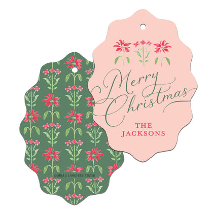 Two decorative Christmas tags with floral patterns and personalized text.