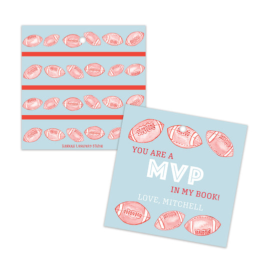 Two light blue cards with pink football designs and text on a white background