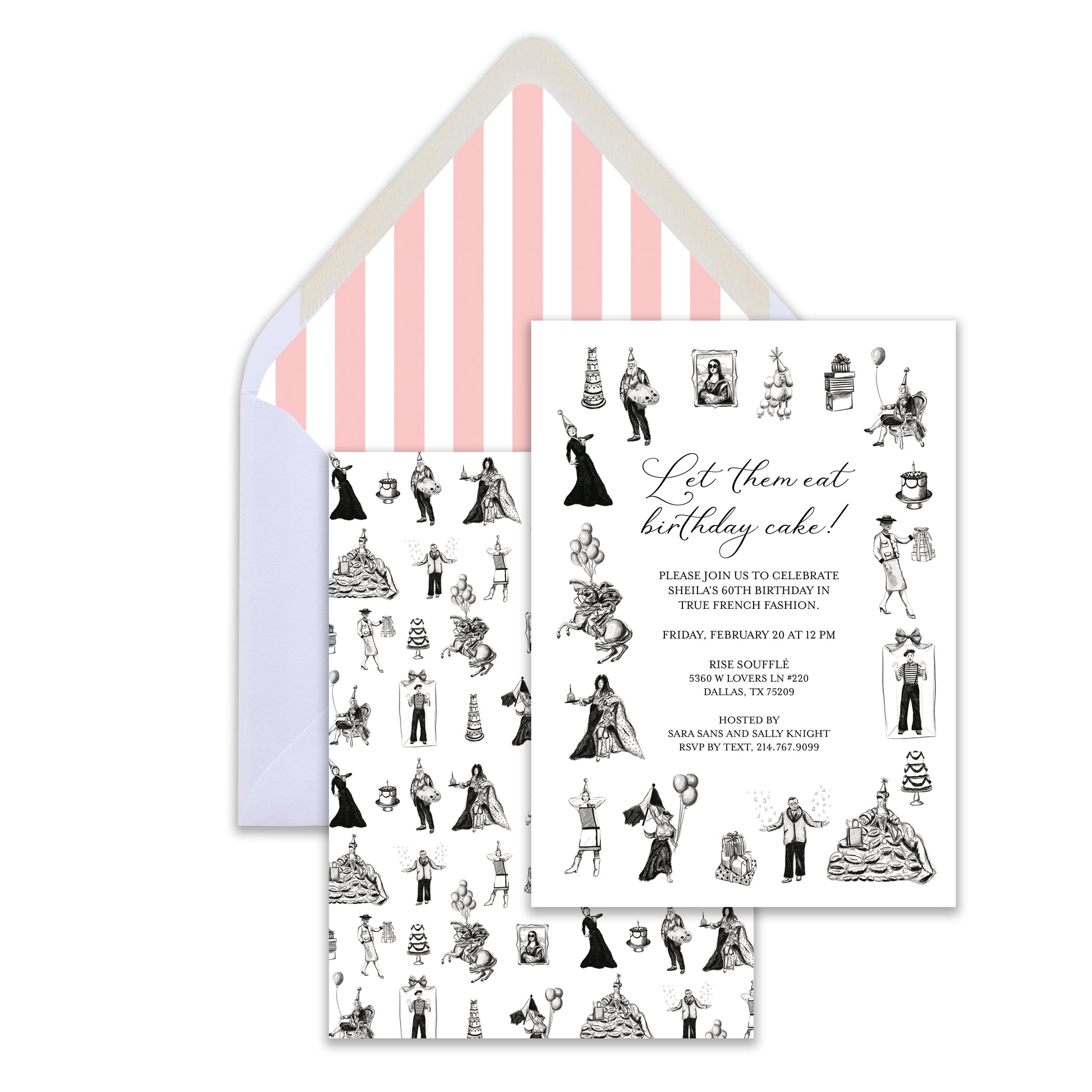 Invitation card with black and white illustrations and pink striped envelope