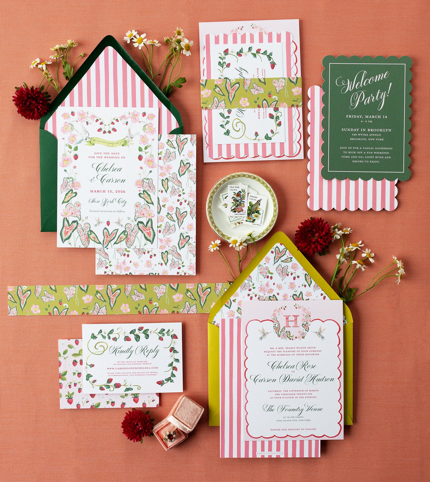Collection of festive party invitations and decorations on a red background