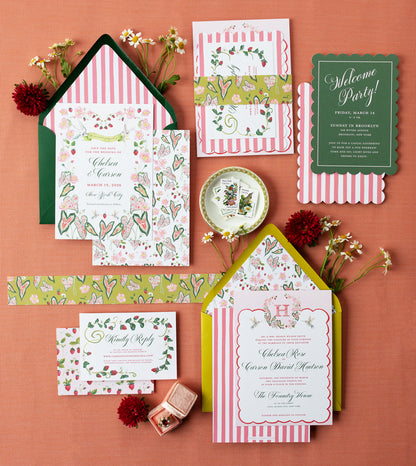Collection of festive party invitations and decorations on a red background