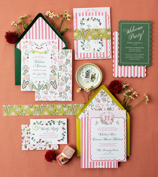 Collection of festive party invitations and decorations on a red background